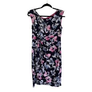 Connected Apparel Navy Blue Pink Floral Ruched Sheath Dress 8P TDZ30796